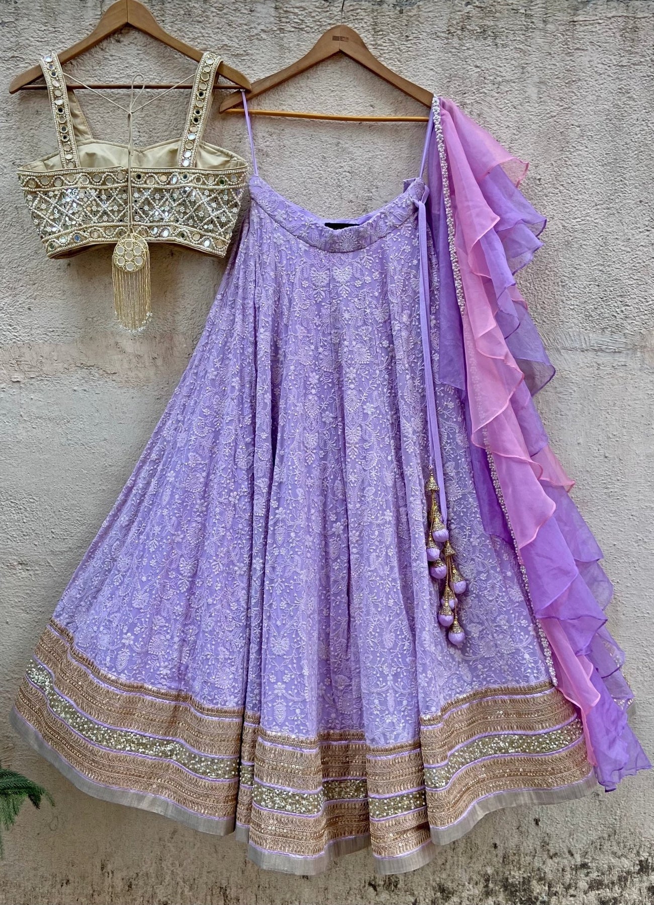 Lavender Lucknowi Lehenga Set With Mirror Bustier