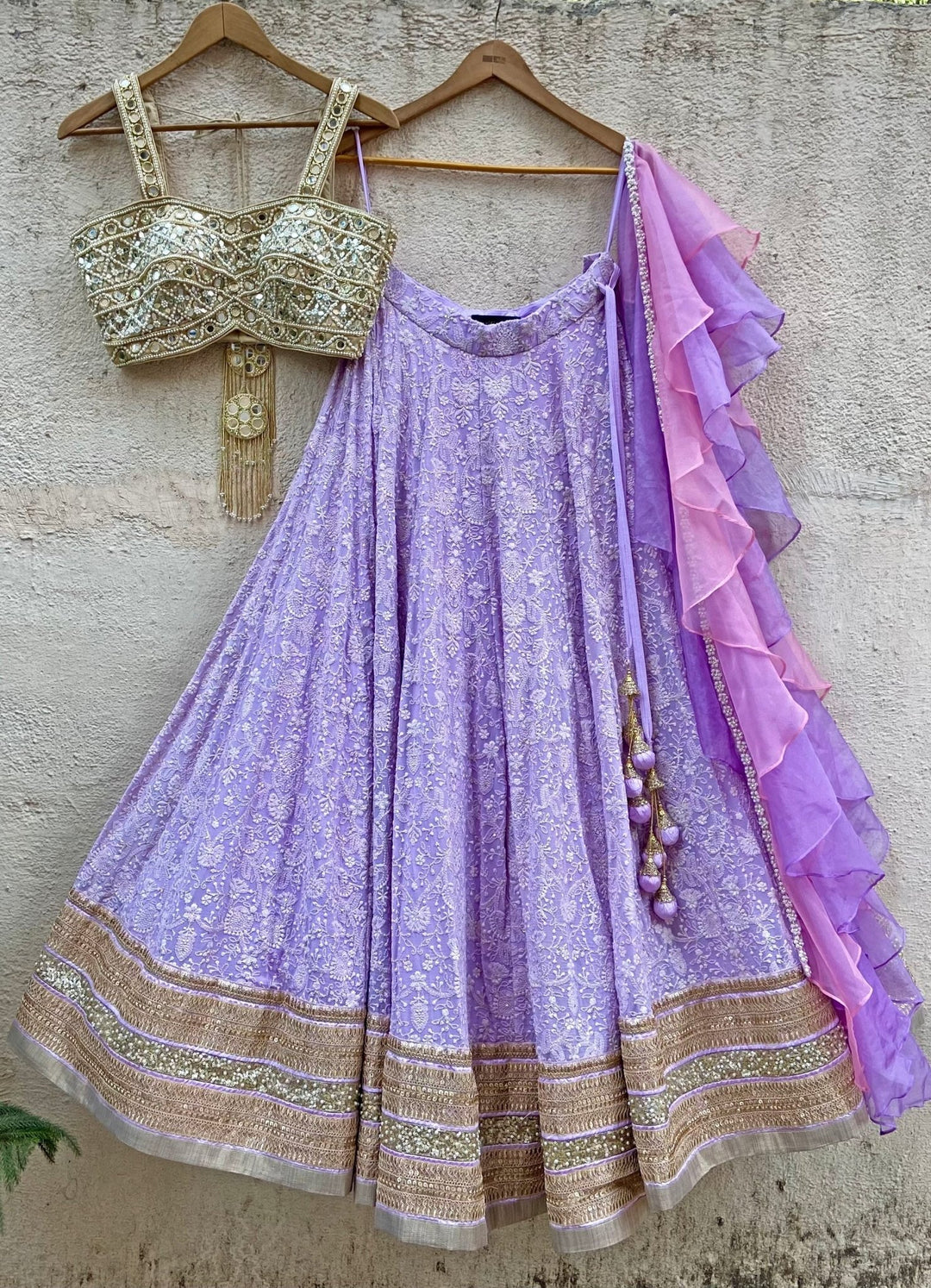 Lavender Lucknowi Lehenga Set With Mirror Bustier Priti Sahni - Fabilicious Fashion