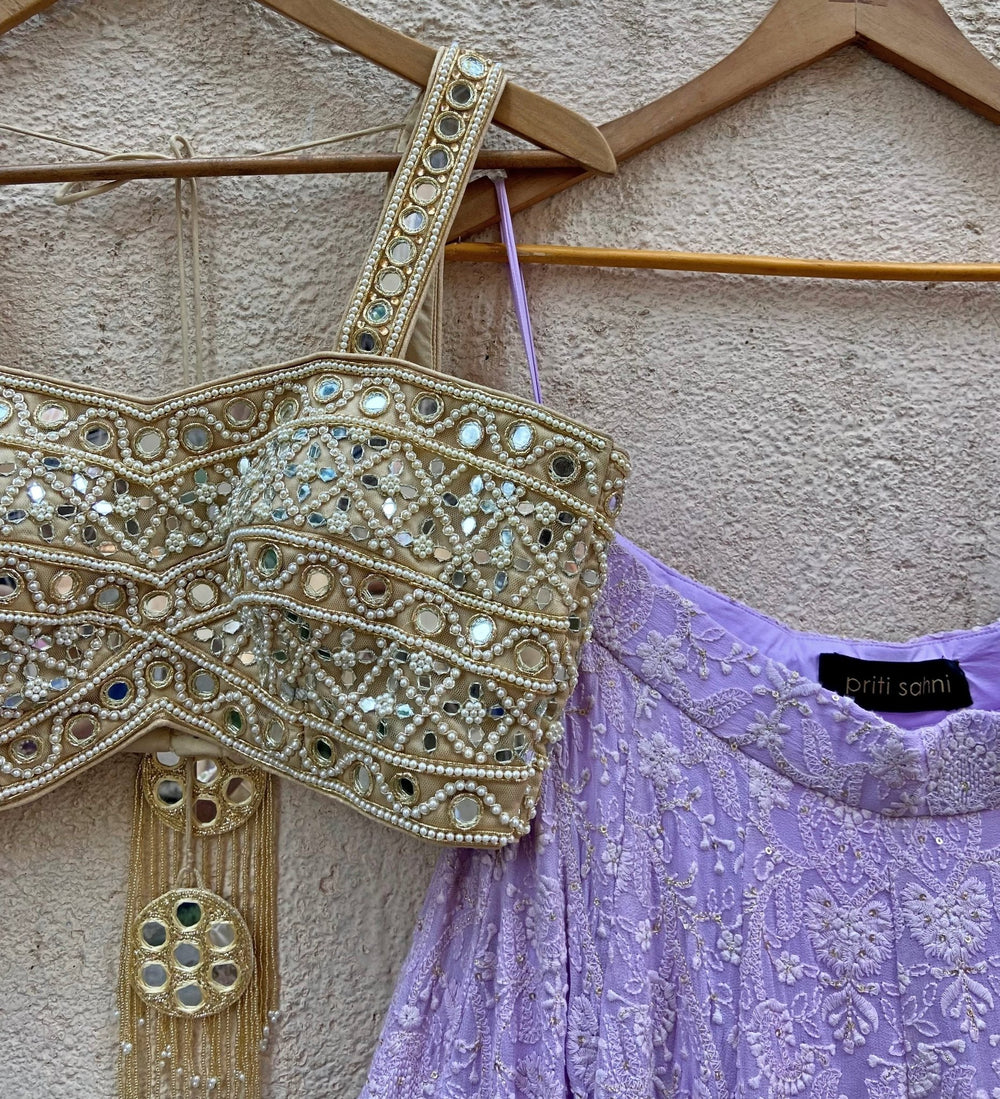Lavender Lucknowi Lehenga Set With Mirror Bustier Priti Sahni - Fabilicious Fashion