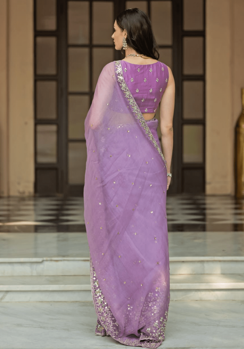 Lavender Mirror Embellished Organza Saree Set Esha Koul - Fabilicious Fashion