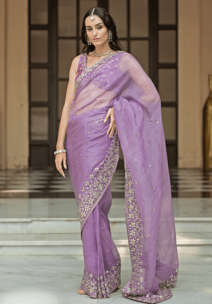 Lavender Mirror Embellished Organza Saree Set Esha Koul - Fabilicious Fashion