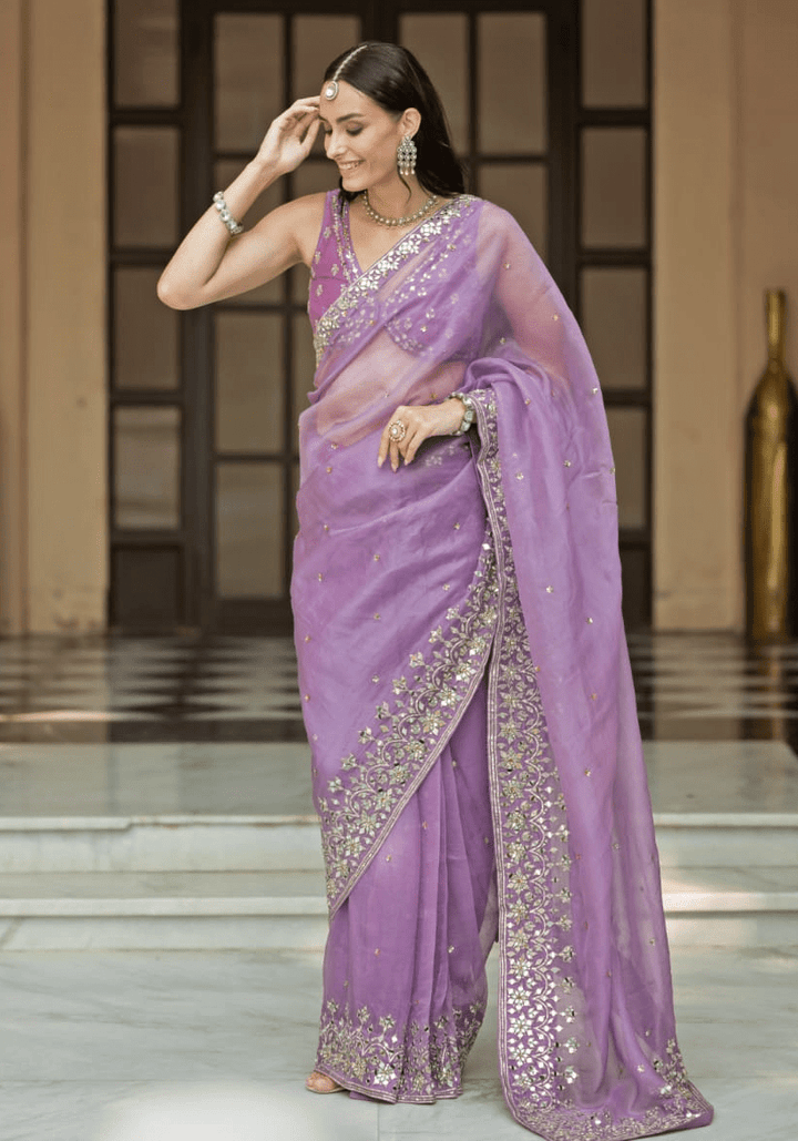 Lavender Mirror Embellished Organza Saree Set Esha Koul - Fabilicious Fashion