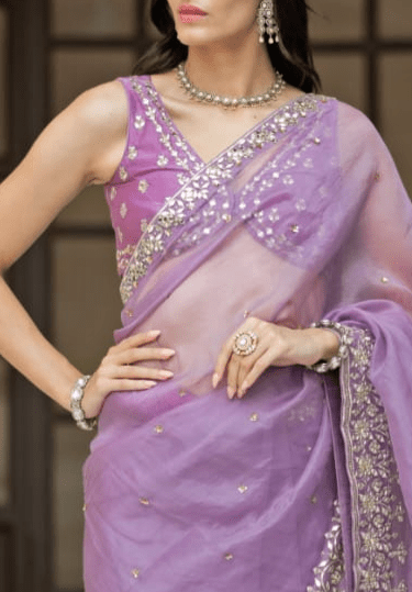 Lavender Mirror Embellished Organza Saree Set Esha Koul - Fabilicious Fashion