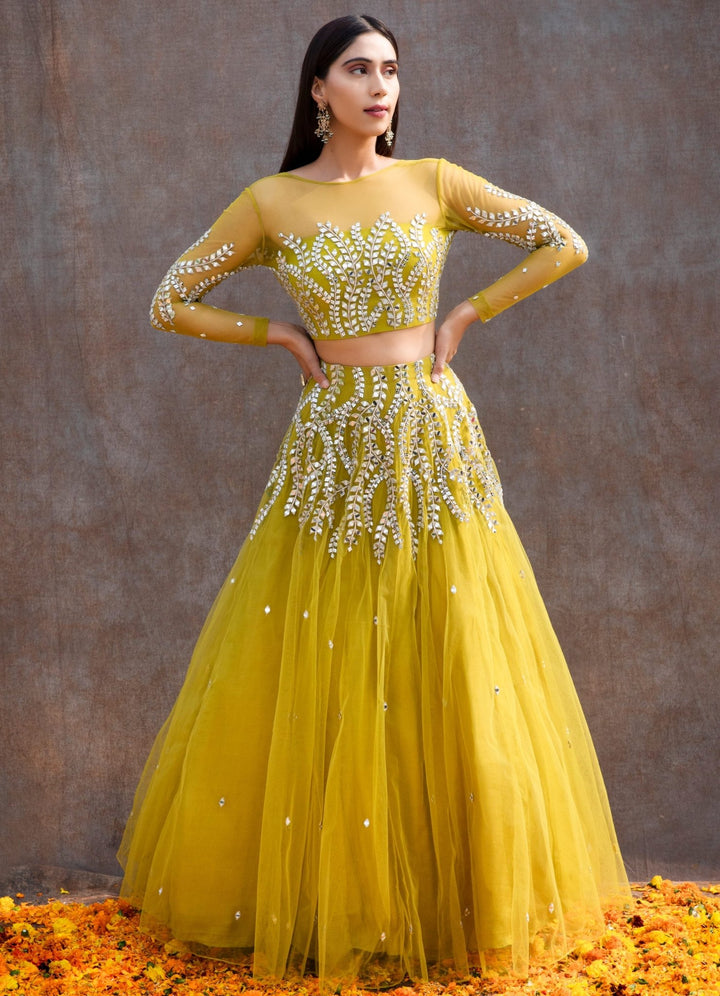 Lemon Green Mirror Lehenga Set Silky Bindra - Fabilicious Fashion