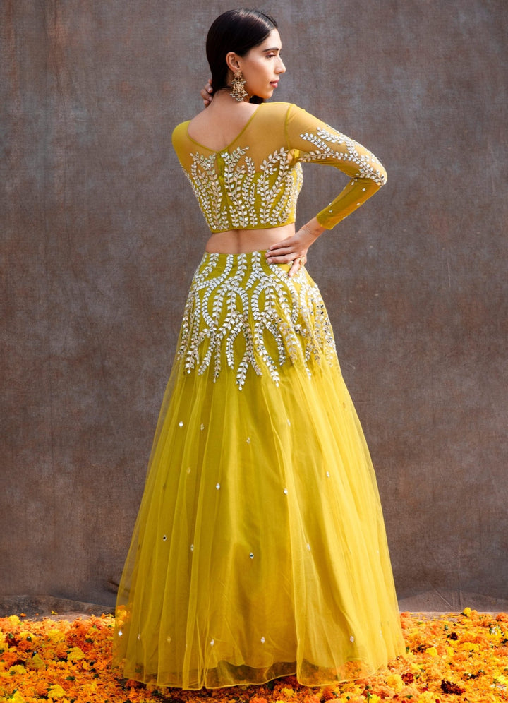 Lemon Green Mirror Lehenga Set Silky Bindra - Fabilicious Fashion