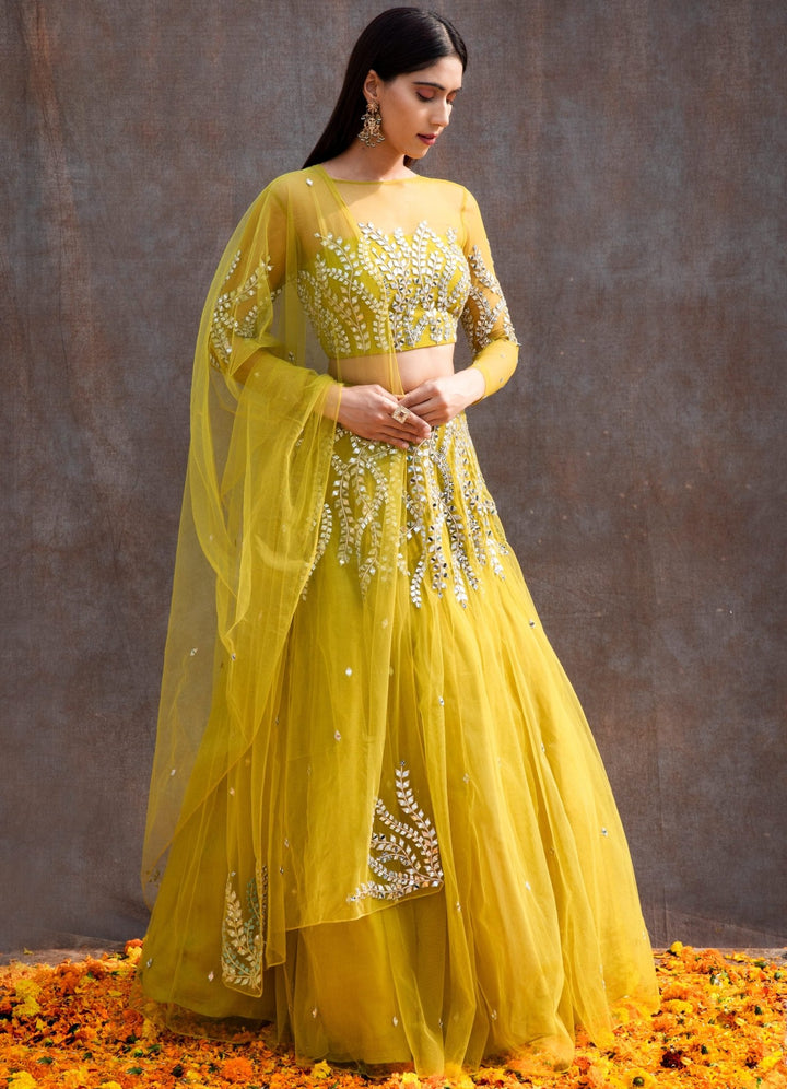 Lemon Green Mirror Lehenga Set Silky Bindra - Fabilicious Fashion