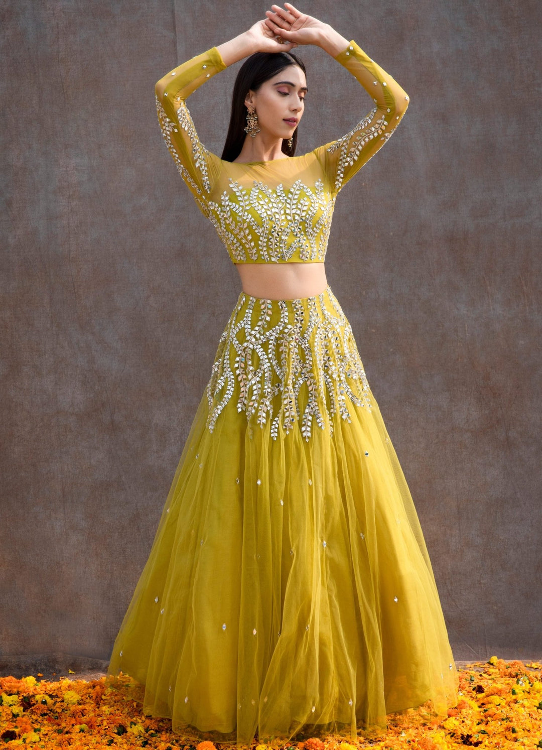 Lemon Green Mirror Lehenga Set Silky Bindra - Fabilicious Fashion