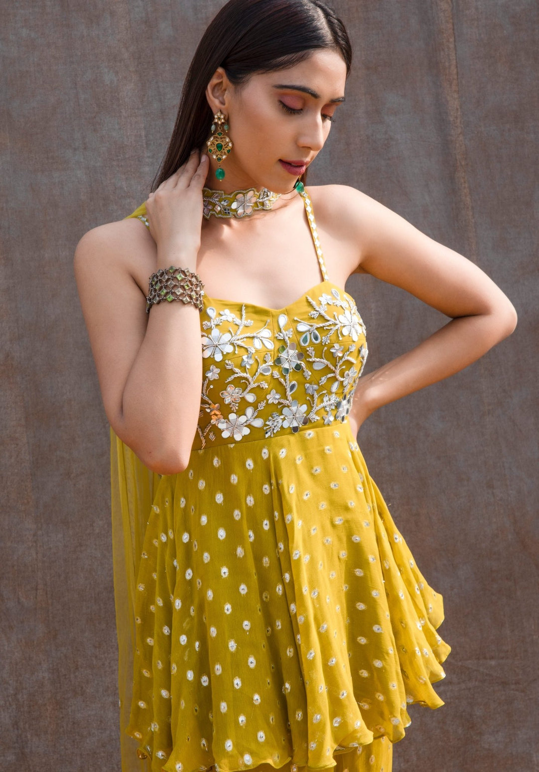 Lemon Green Mirror Peplum Set Silky Bindra - Fabilicious Fashion