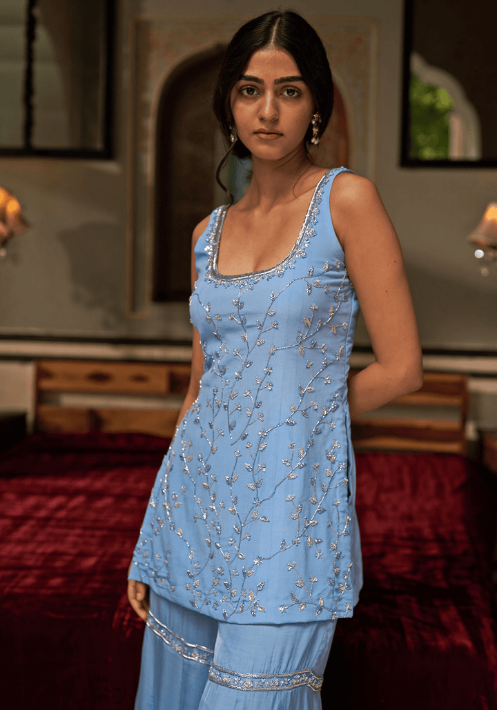 Light Blue Chiffon Kurta Sharara Set Zoon Tribe - Fabilicious Fashion