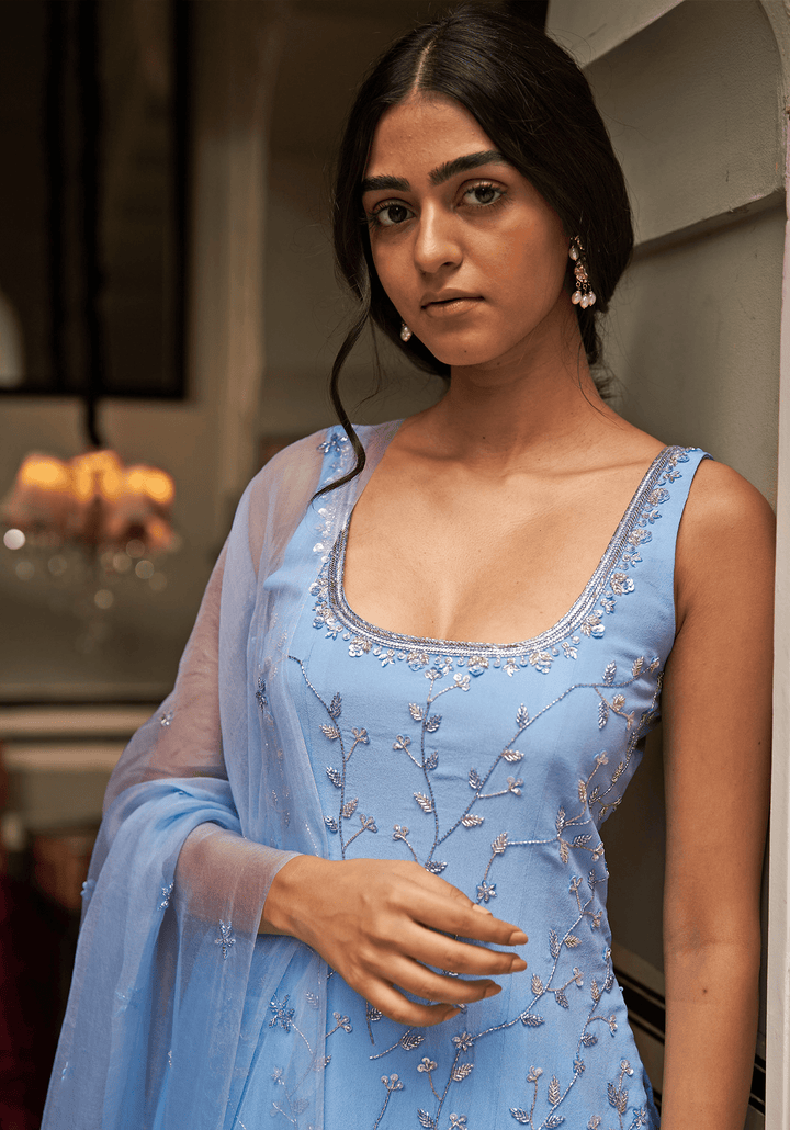 Light Blue Chiffon Kurta Sharara Set Zoon Tribe - Fabilicious Fashion