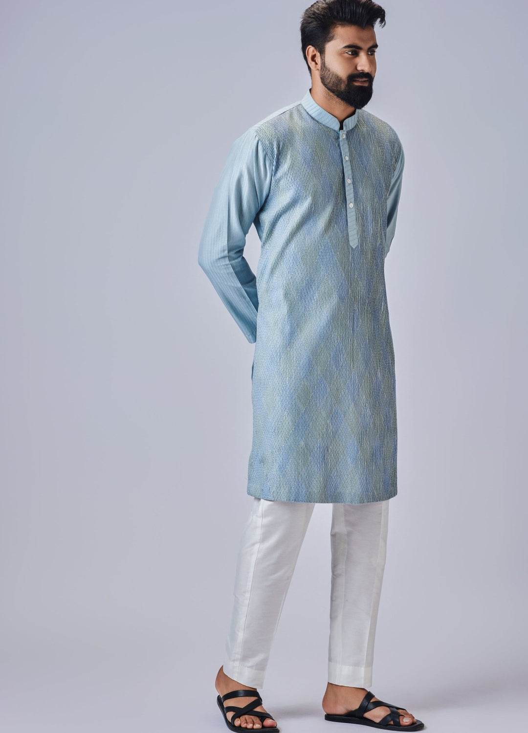 Light Blue Silk Kurta With Pant Set Chatenya Mittal - Fabilicious Fashion