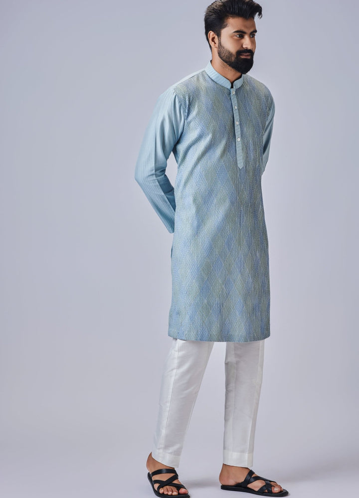 Light Blue Silk Kurta With Pant Set Chatenya Mittal - Fabilicious Fashion