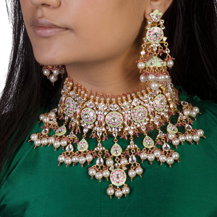 Light Green And Pink Meena Work Necklace Set With Pearl Riana by Shikha Jindal - Fabilicious Fashion