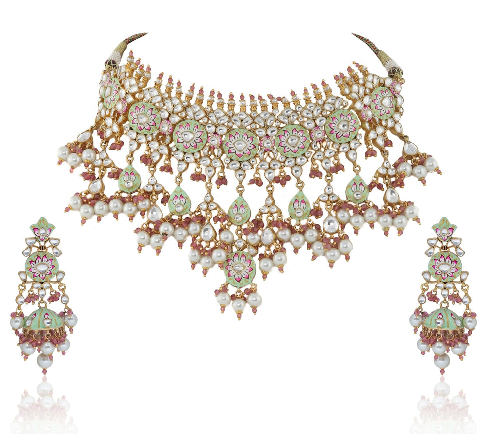 Light Green And Pink Meena Work Necklace Set With Pearl Riana by Shikha Jindal - Fabilicious Fashion