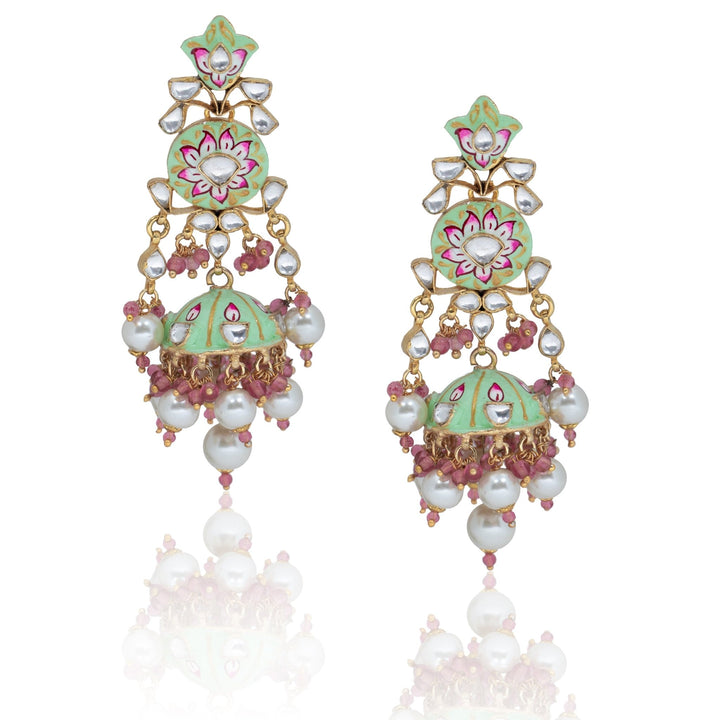 Light Green And Pink Meena Work Necklace Set With Pearl Riana by Shikha Jindal - Fabilicious Fashion