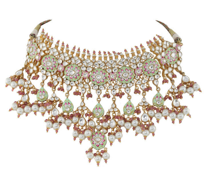 Light Green And Pink Meena Work Necklace Set With Pearl Riana by Shikha Jindal - Fabilicious Fashion