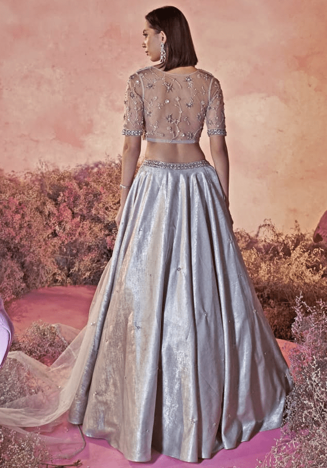Light Grey Satin Embroidered Lehenga Set Parul Gandhi - Fabilicious Fashion