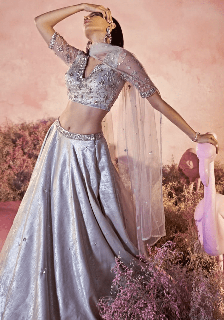 Light Grey Satin Embroidered Lehenga Set Parul Gandhi - Fabilicious Fashion