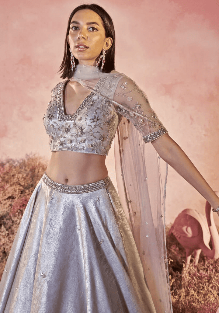 Light Grey Satin Embroidered Lehenga Set Parul Gandhi - Fabilicious Fashion