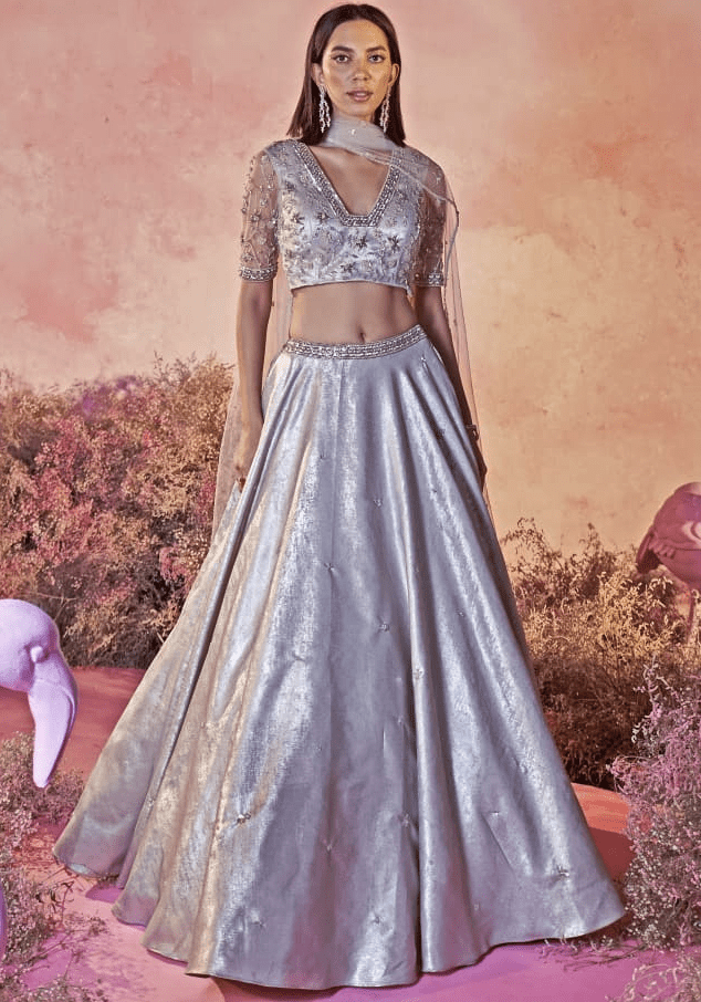 Light Grey Satin Embroidered Lehenga Set Parul Gandhi - Fabilicious Fashion