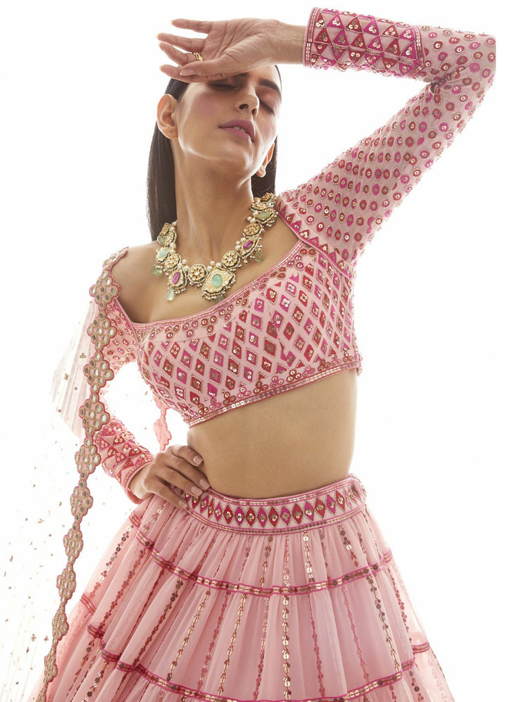 Light Peach Applique Tier Lehenga Set Vvani by Vani Vats - Fabilicious Fashion
