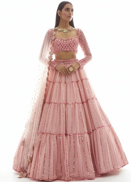 Light Peach Applique Tier Lehenga Set Vvani by Vani Vats - Fabilicious Fashion