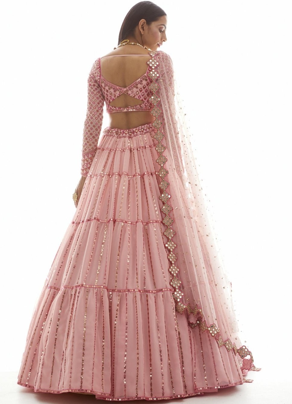 Light Peach Applique Tier Lehenga Set Vvani by Vani Vats - Fabilicious Fashion