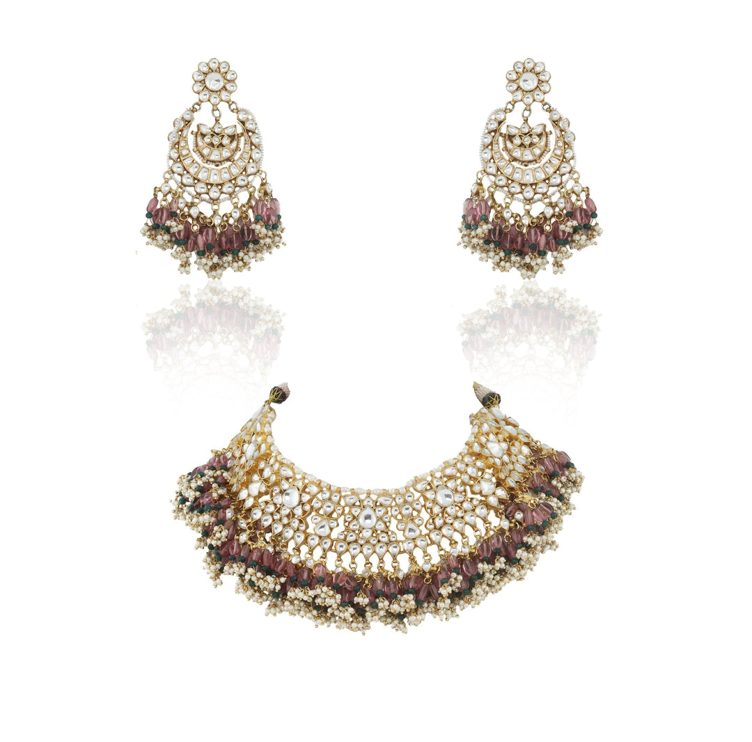 Light Pink Bead Necklace Set With Earrings Riana by Shikha Jindal - Fabilicious Fashion