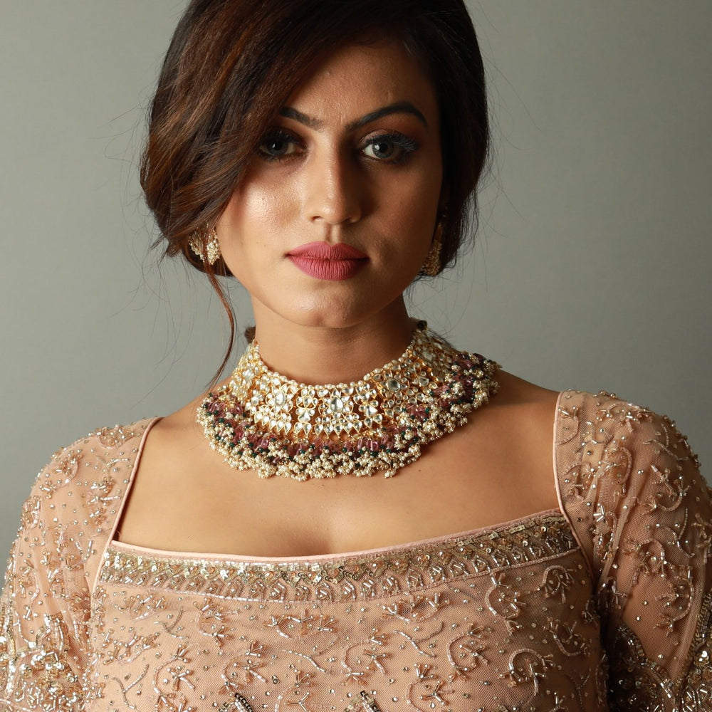 Light Pink Bead Necklace Set With Earrings Riana by Shikha Jindal - Fabilicious Fashion
