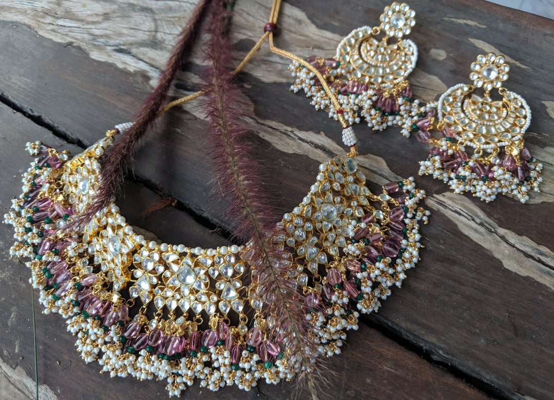 Light Pink Bead Necklace Set With Earrings Riana by Shikha Jindal - Fabilicious Fashion