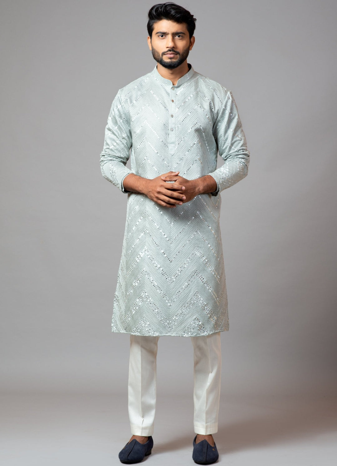 Light Pistachio Green Mirror Work Kurta With Pant Pajama Smriti - Fabilicious Fashion