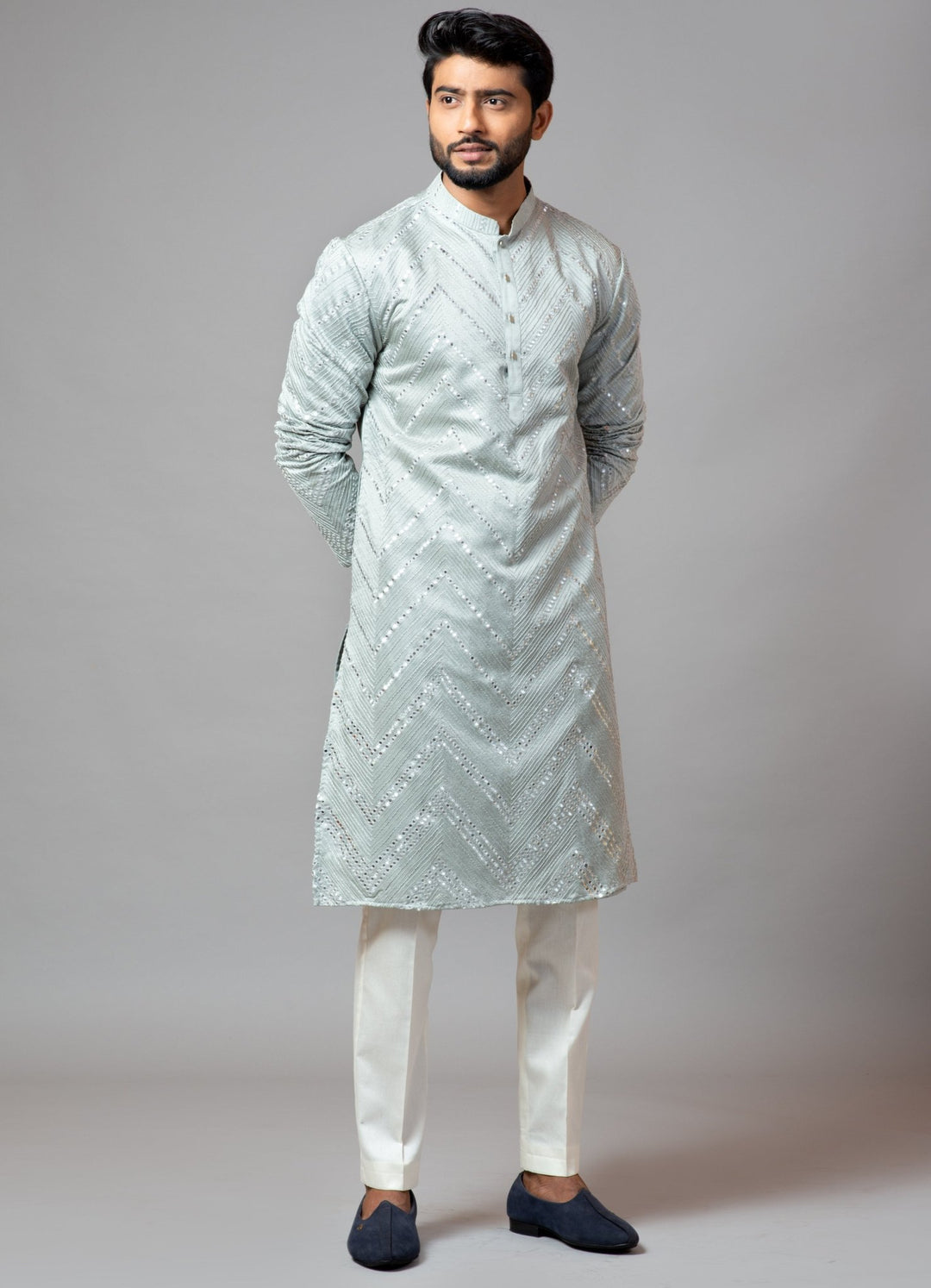 Light Pistachio Green Mirror Work Kurta With Pant Pajama Smriti - Fabilicious Fashion