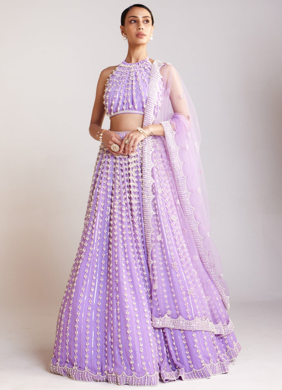 Lilac Chandelier Pearl Embellished Lehenga Set With Dupatta Vvani By Vani Vats - Fabilicious Fashion
