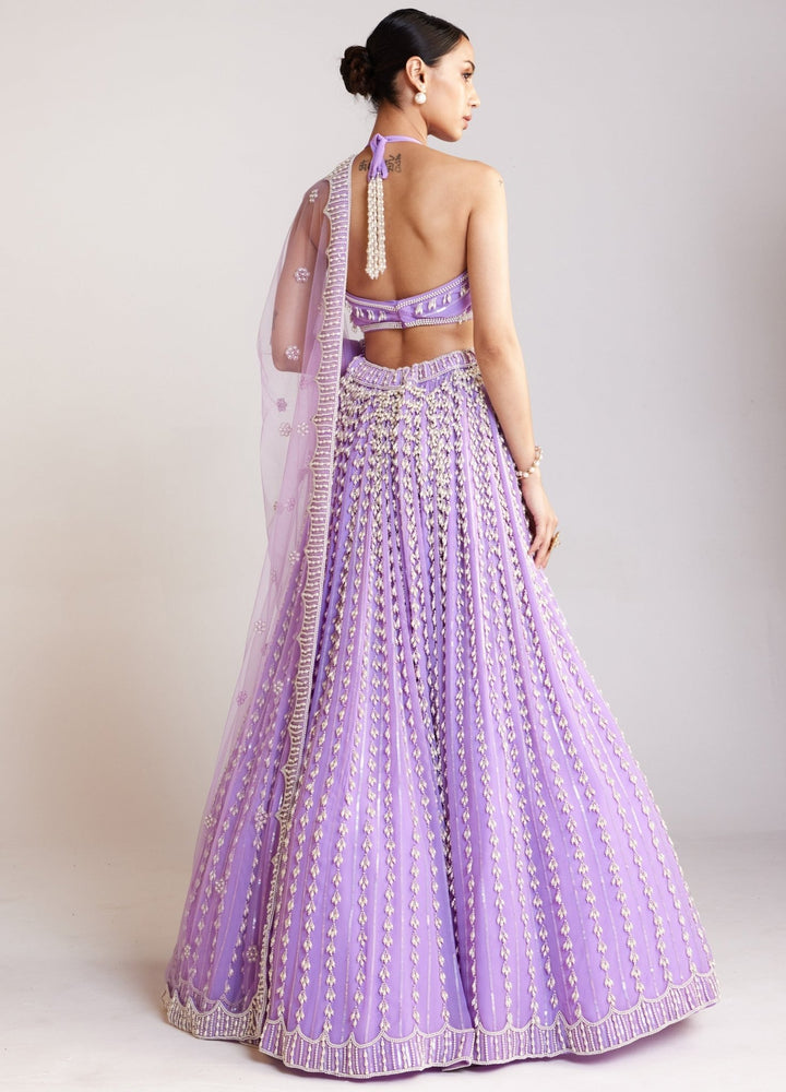 Lilac Chandelier Pearl Embellished Lehenga Set With Dupatta Vvani By Vani Vats - Fabilicious Fashion