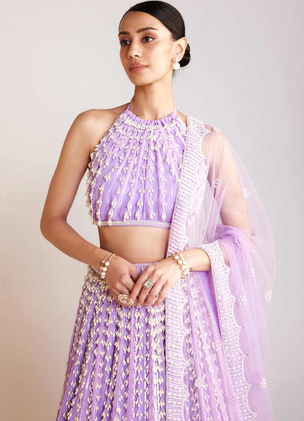 Lilac Chandelier Pearl Embellished Lehenga Set With Dupatta Vvani By Vani Vats - Fabilicious Fashion