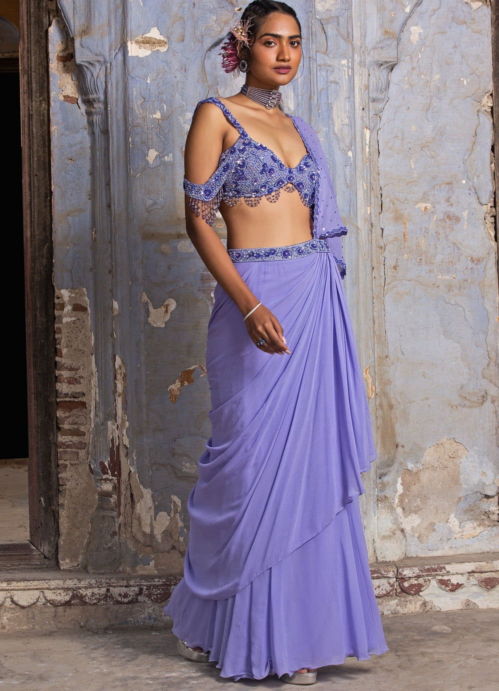 Lilac Drape Saree With Drop Shoulder Strappy Bustier Nitika Gujral - Fabilicious Fashion