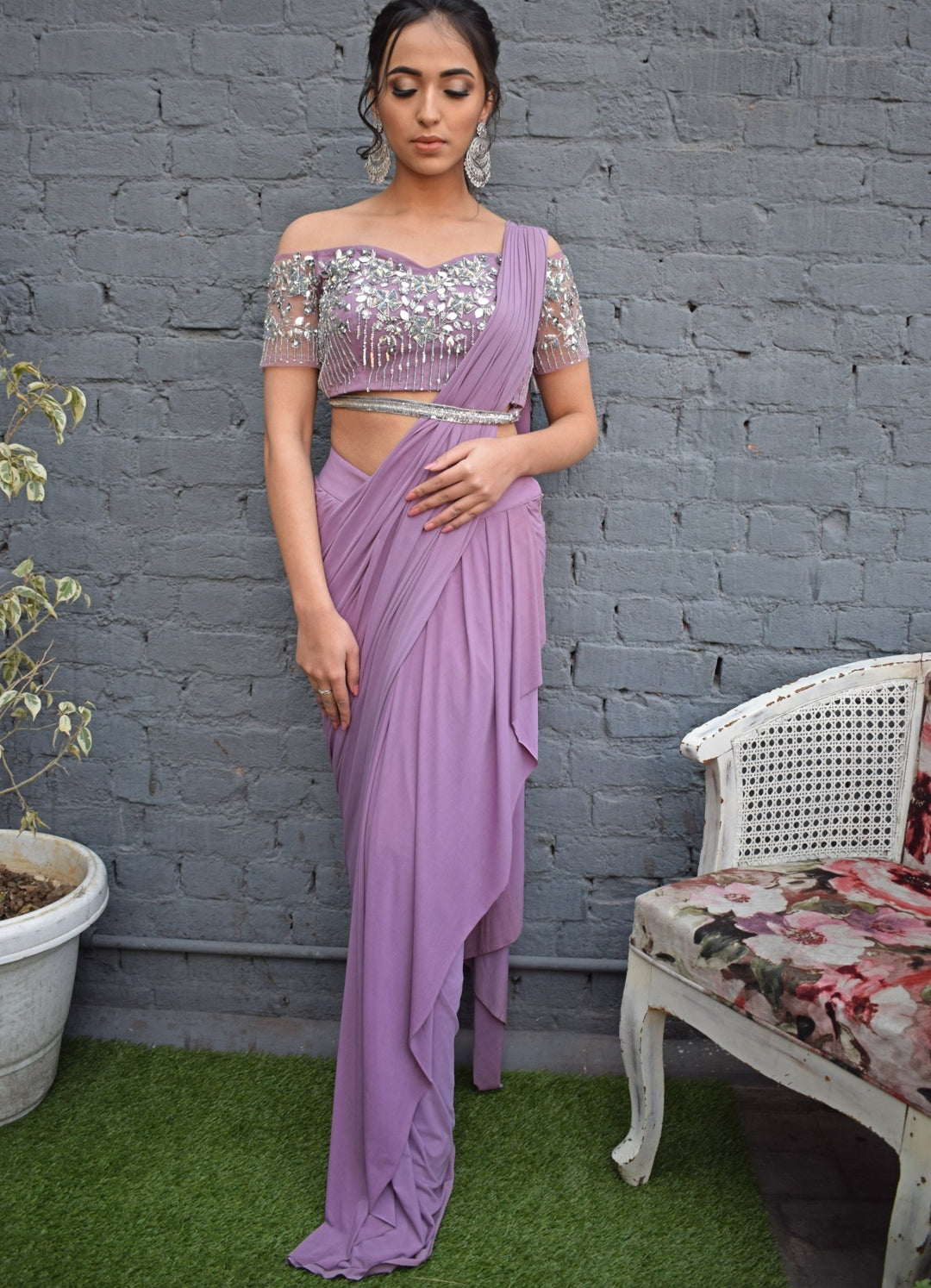 Lilac Draped Saree Set Parul Gandhi - Fabilicious Fashion