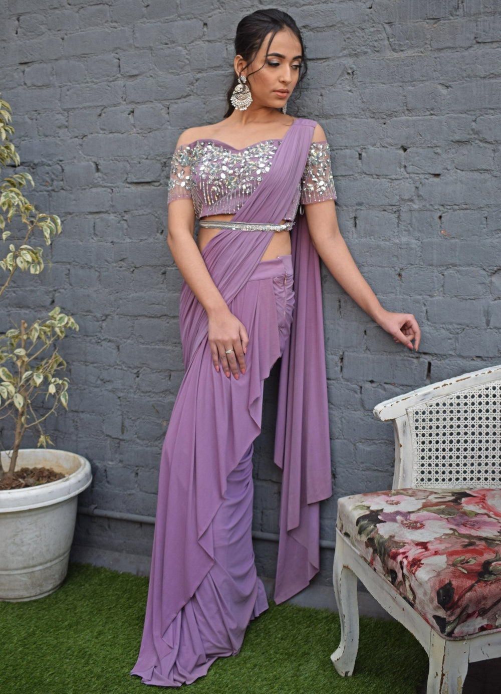 Lilac Draped Saree Set Parul Gandhi - Fabilicious Fashion