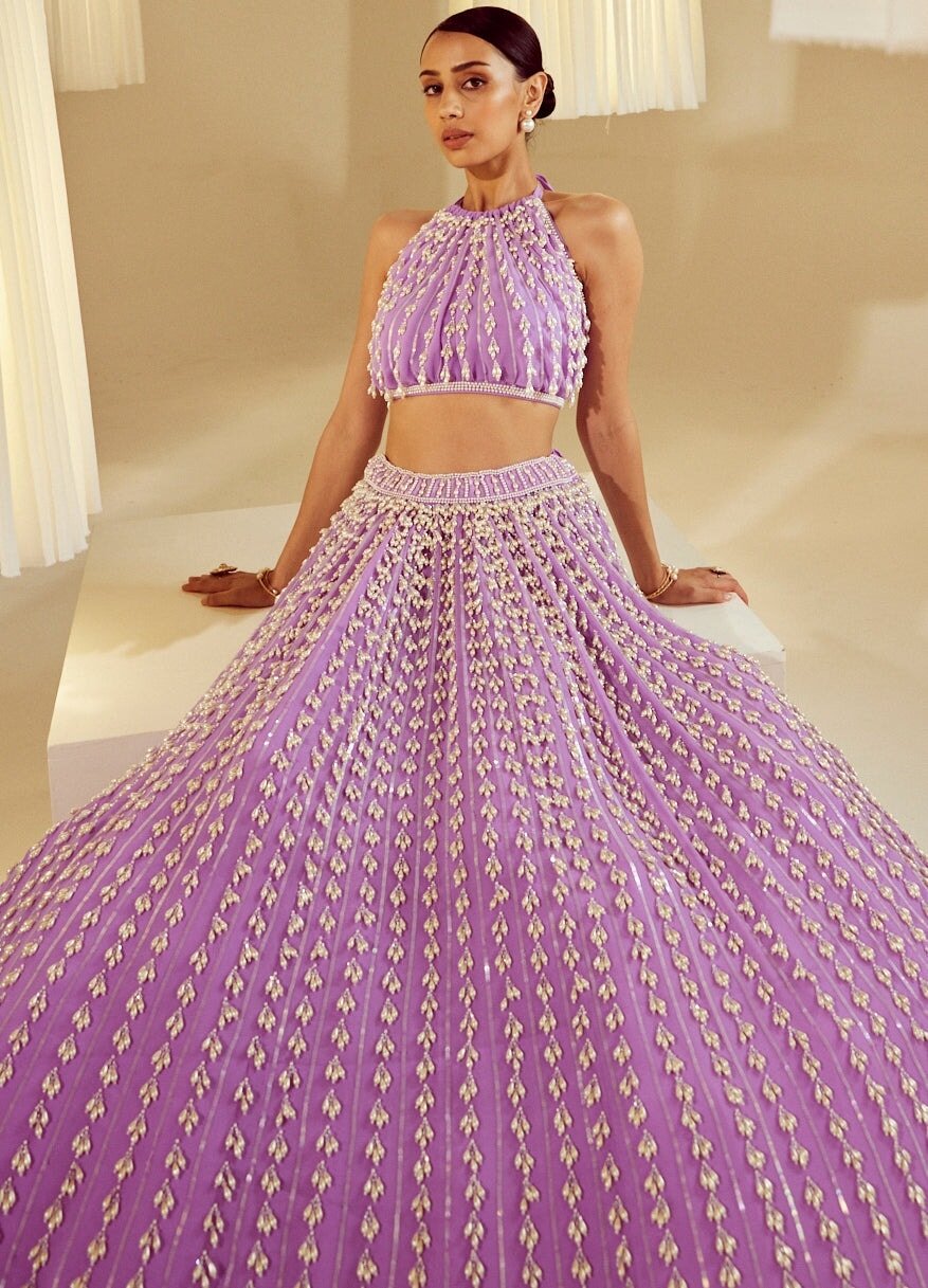 Lilac Georgette Chandelier Pearl Embellished Lehenga And Top Set Vvani By Vani Vats - Fabilicious Fashion