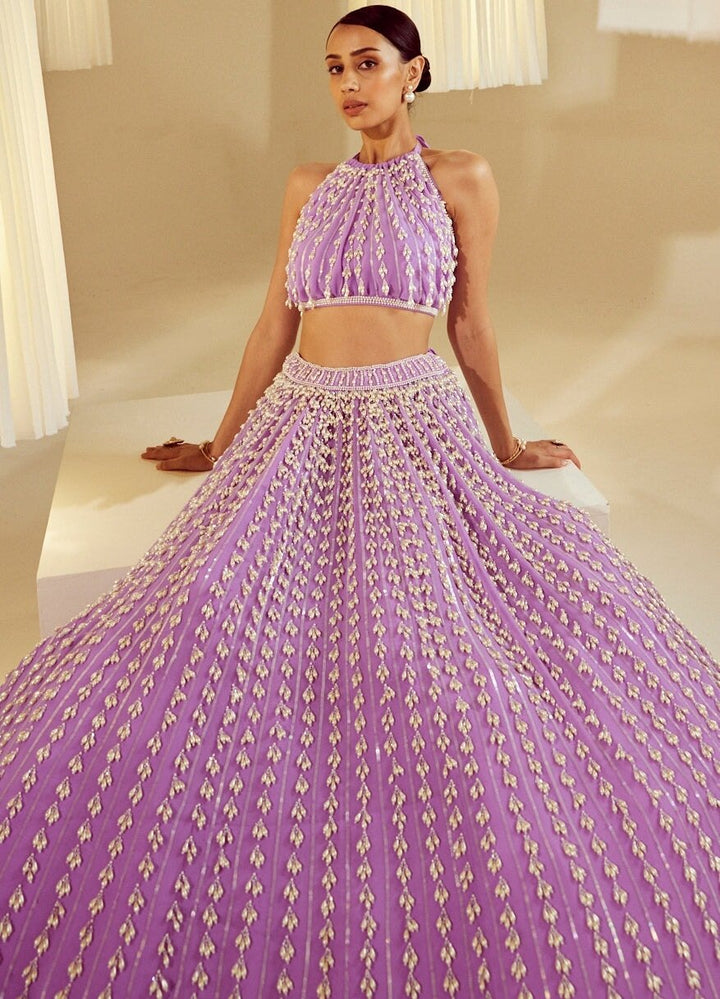 Lilac Georgette Chandelier Pearl Embellished Lehenga And Top Set Vvani By Vani Vats - Fabilicious Fashion