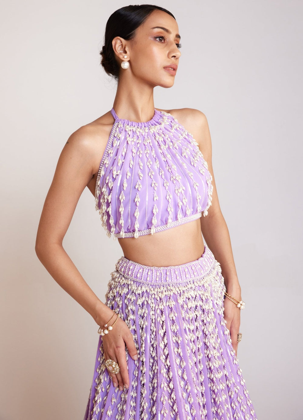 Lilac Georgette Chandelier Pearl Embellished Lehenga And Top Set Vvani By Vani Vats - Fabilicious Fashion