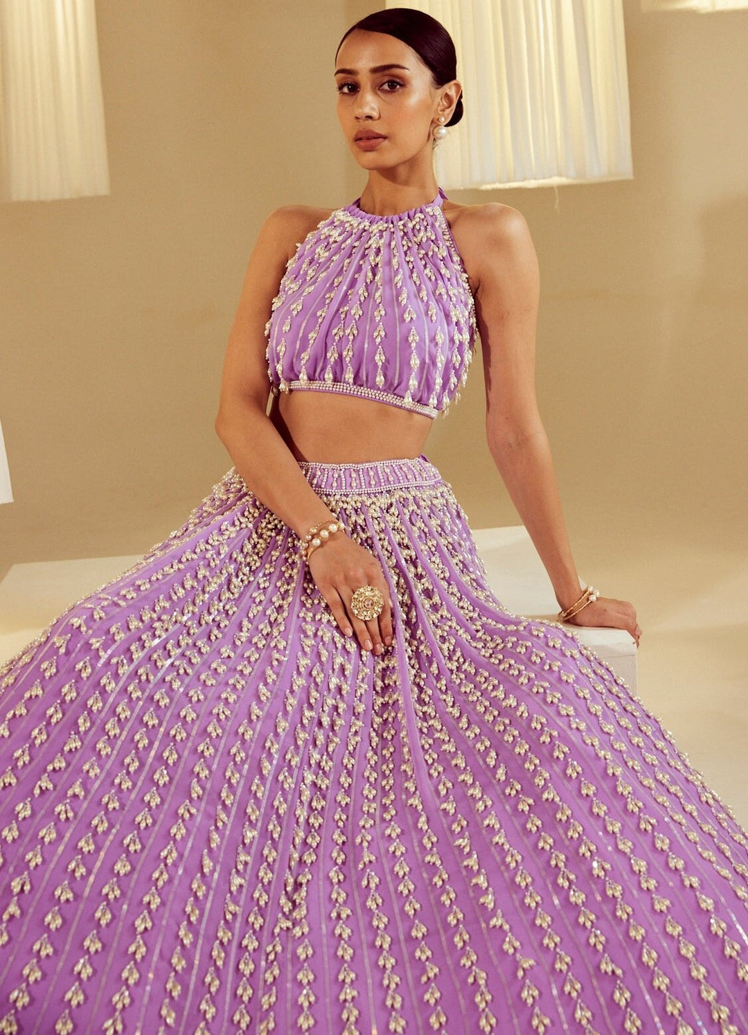 Lilac Georgette Chandelier Pearl Embellished Lehenga And Top Set Vvani By Vani Vats - Fabilicious Fashion