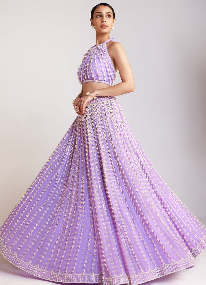 Lilac Georgette Chandelier Pearl Embellished Lehenga And Top Set Vvani By Vani Vats - Fabilicious Fashion