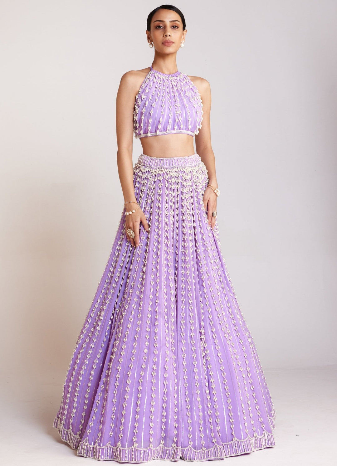 Lilac Georgette Chandelier Pearl Embellished Lehenga And Top Set Vvani By Vani Vats - Fabilicious Fashion