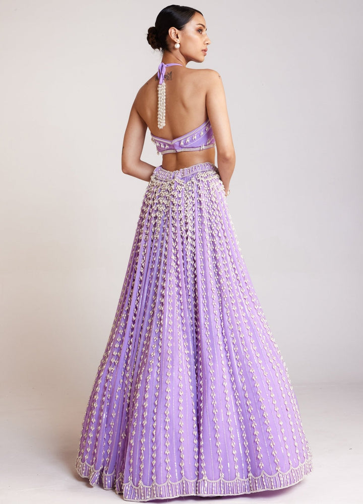 Lilac Georgette Chandelier Pearl Embellished Lehenga And Top Set Vvani By Vani Vats - Fabilicious Fashion