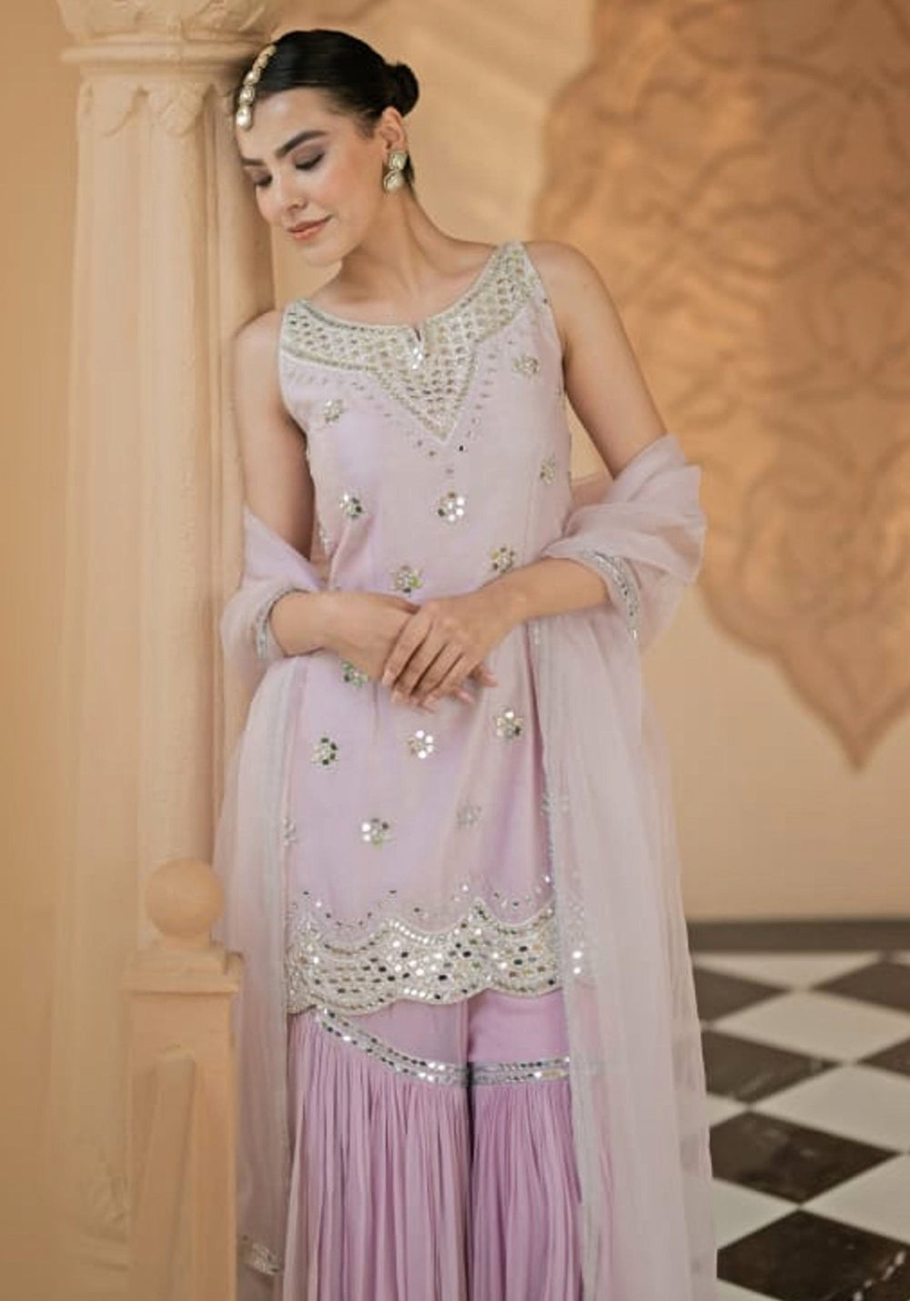 Lilac Georgette Embroidered Kurta Sharara Set Esha Koul - Fabilicious Fashion
