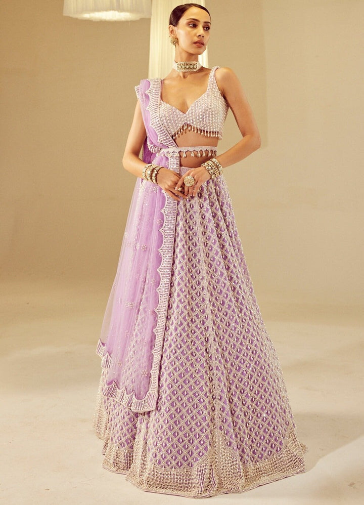 Lilac Georgette Lehenga Set With Pearl Tasseled Blouse Vvani By Vani Vats - Fabilicious Fashion