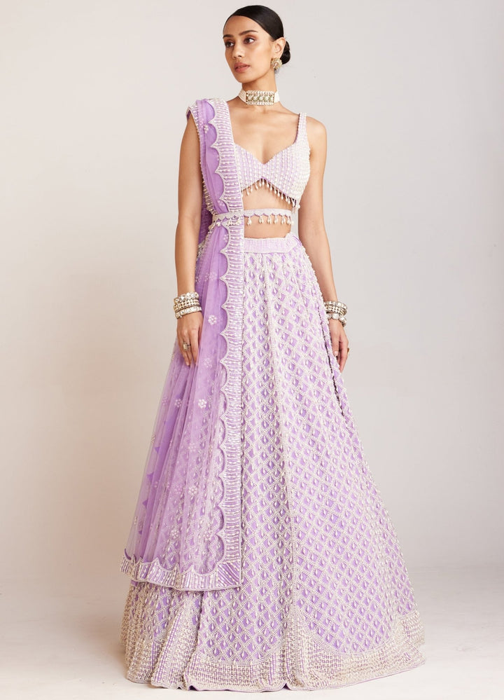 Lilac Georgette Lehenga Set With Pearl Tasseled Blouse Vvani By Vani Vats - Fabilicious Fashion