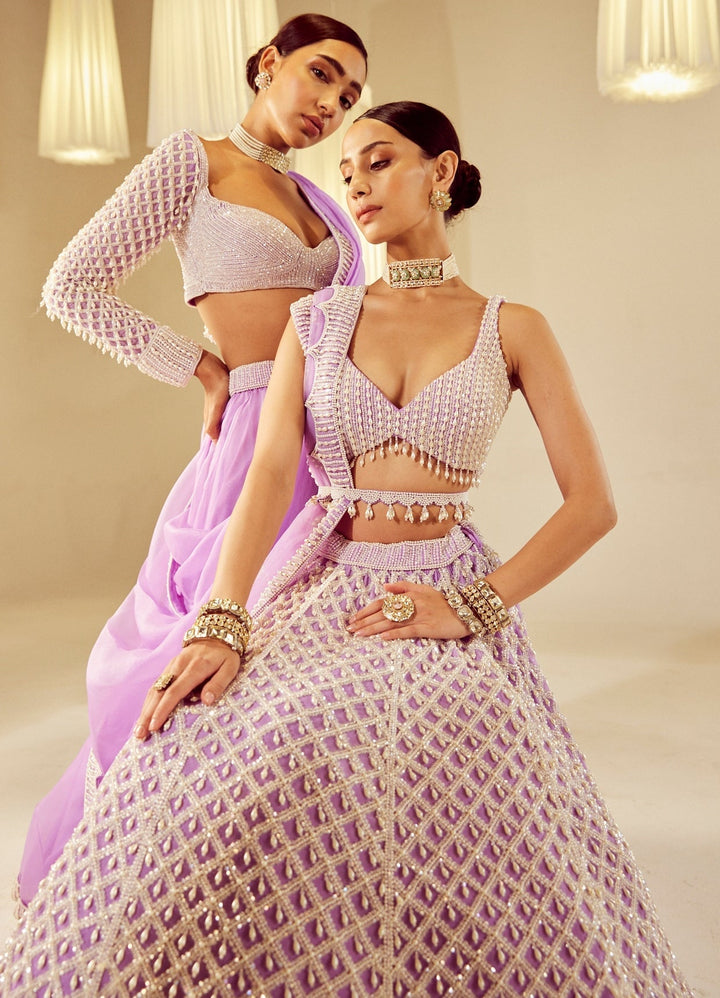 Lilac Georgette Lehenga Set With Pearl Tasseled Blouse Vvani By Vani Vats - Fabilicious Fashion