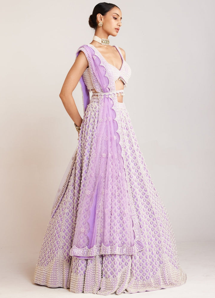 Lilac Georgette Lehenga Set With Pearl Tasseled Blouse Vvani By Vani Vats - Fabilicious Fashion